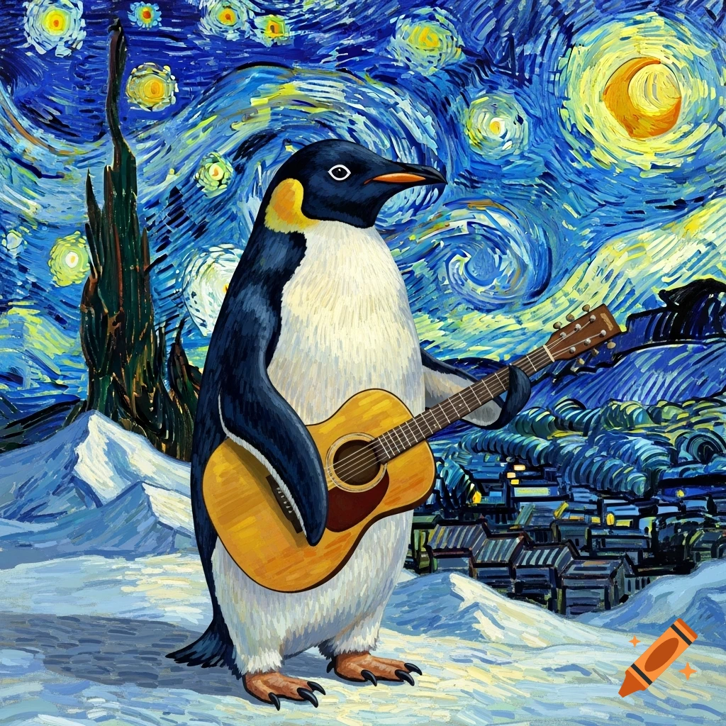 A painting of a penguin playing an acoustic guitar, set against a swirling blue and yellow night sky in the style of Van Gogh.