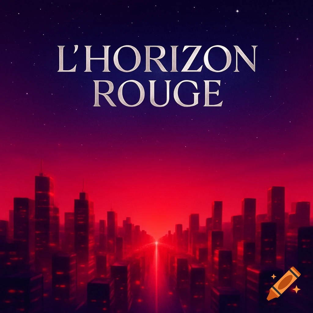 A stylized city skyline at night under a starry, dark blue sky that transitions into a vibrant red horizon. Metallic letters spell "L'HORIZON ROUGE" above the city.