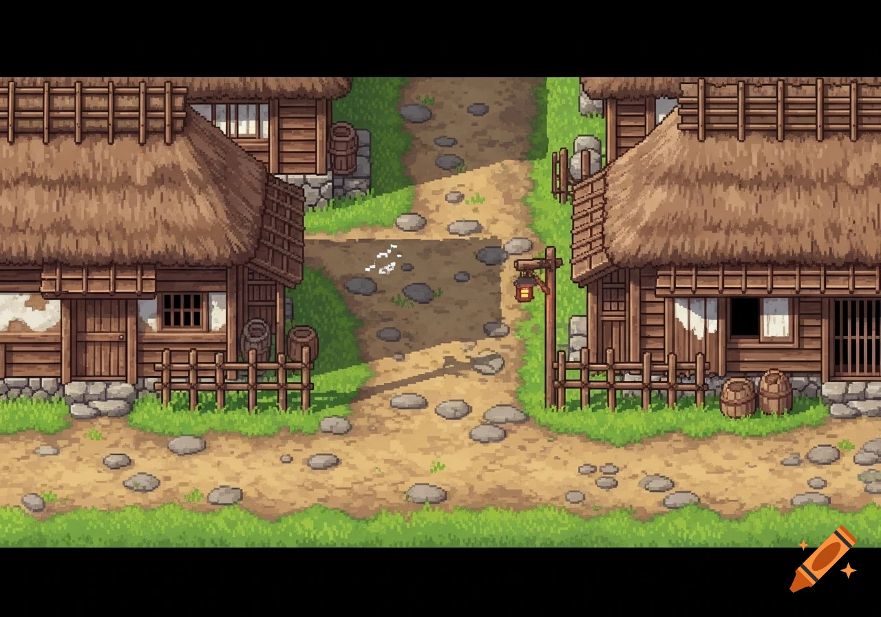 Pixel art side-view of a dirt road in a feudal Japanese village, flanked by two modest wooden houses with thatched roofs.