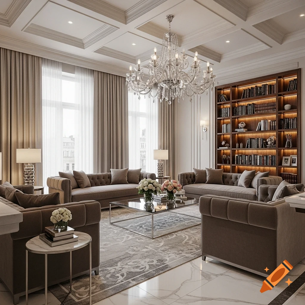 A luxurious living room featuring brown upholstered sofas, a large crystal chandelier, a glass coffee table, and a built-in bookshelf.
