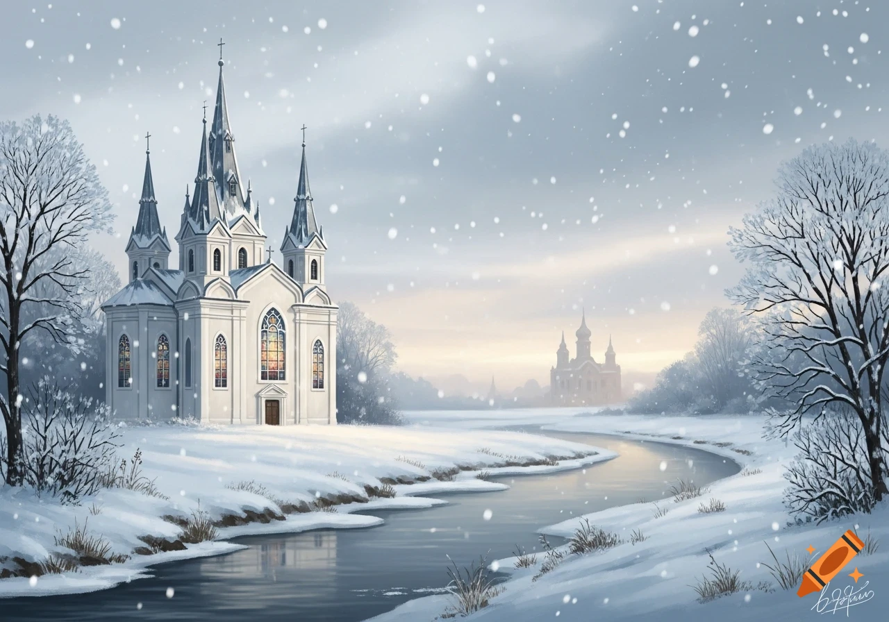 A white church with spires stands by a winding river in a snowy winter landscape with falling snow, digital painting.