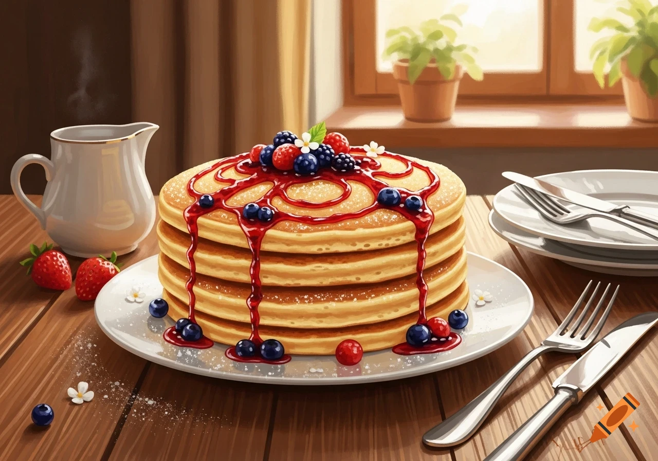 Stylized illustration of a stack of pancakes with berries, syrup, and powdered sugar, served on a wooden table with a creamer and cutlery.