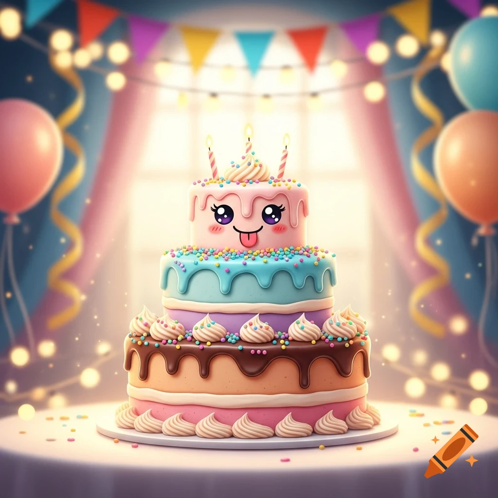A colorful tiered birthday cake with a cute cartoon face sticking its tongue out, adorned with sprinkles, frosting, and candles, set against a blurred party background with balloons and bunting.
