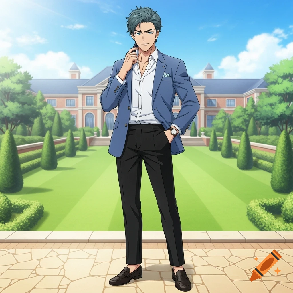 Anime-style young man with teal hair, wearing a blue blazer, white shirt, black pants, and loafers, stands confidently on a manicured lawn with a mansion in the background.
