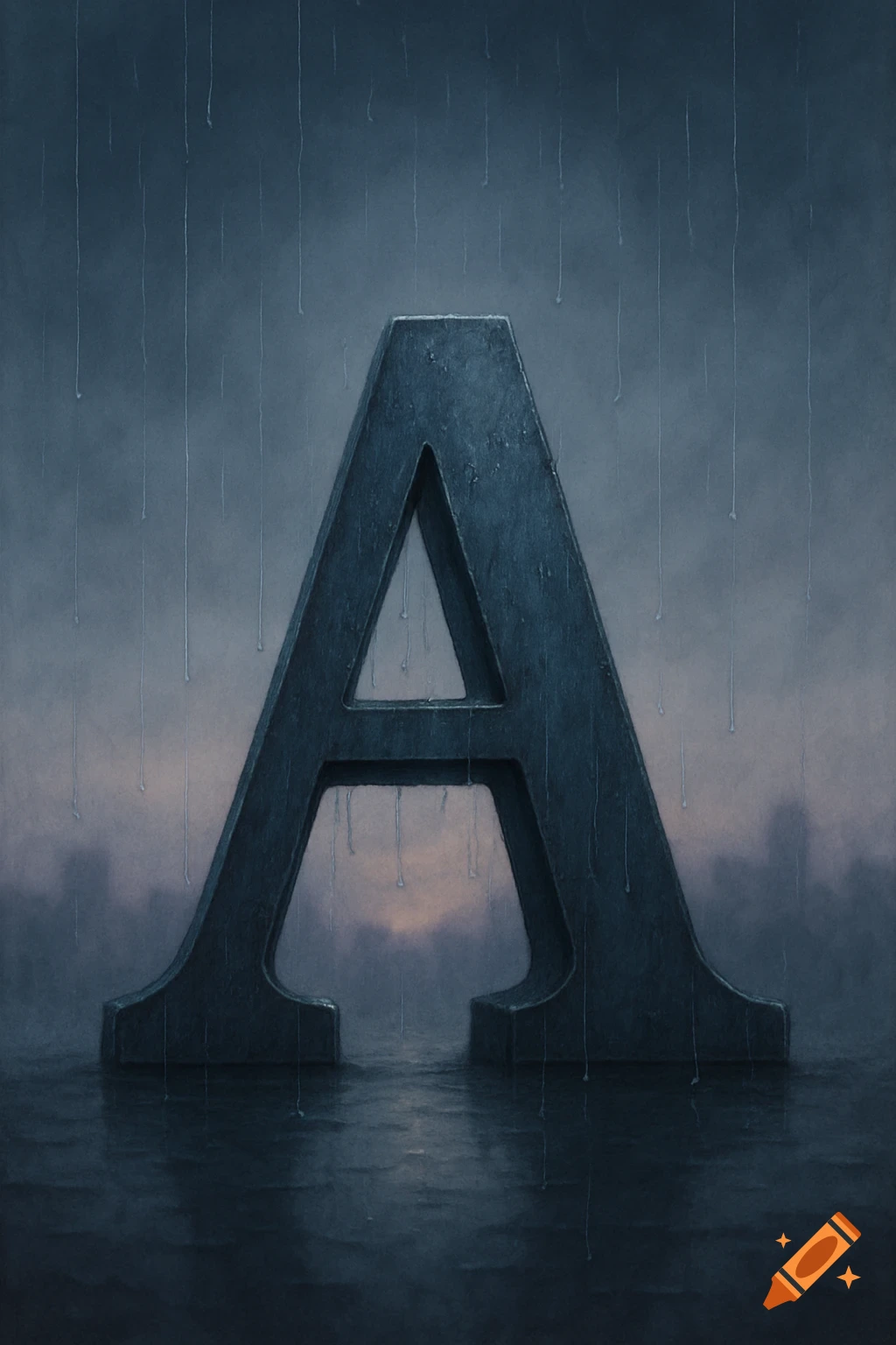 A large, dark, stone-like letter A stands in heavy rain with water reflecting below, under a gloomy, overcast sky.