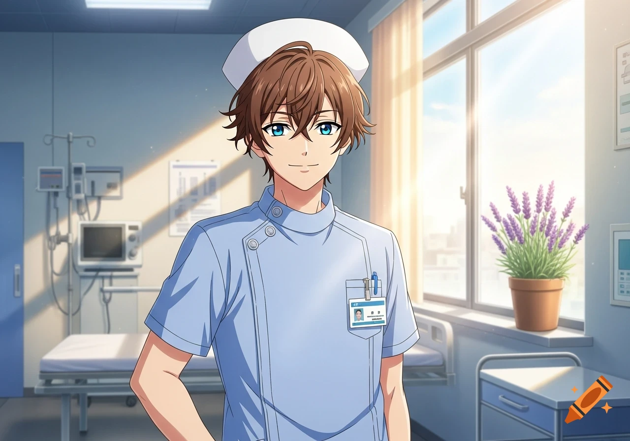An anime-style male nurse with brown hair and blue eyes smiles in a sunlit hospital room.