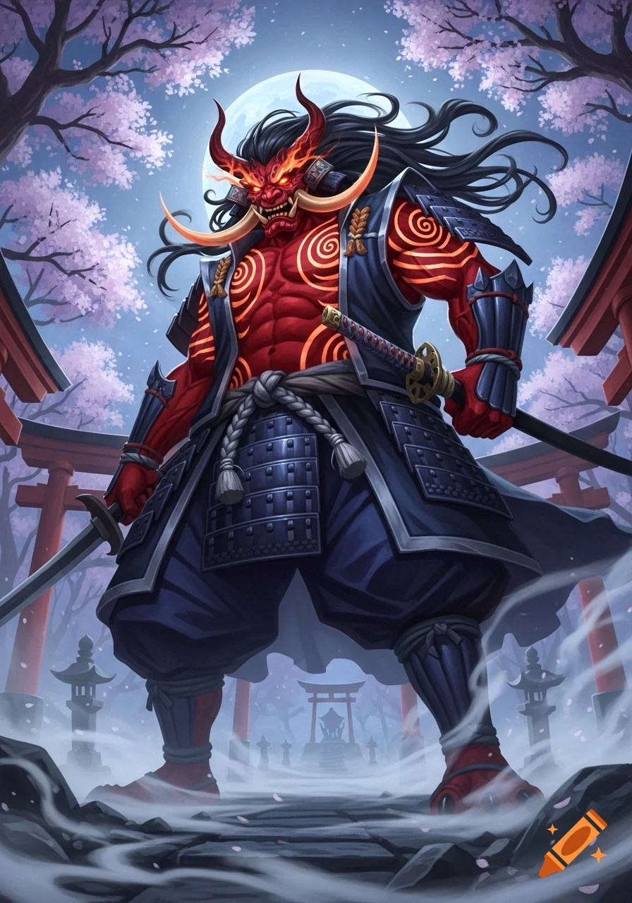 Stylized illustration of a fierce red Oni in samurai armor with katanas, under cherry blossoms and a full moon.