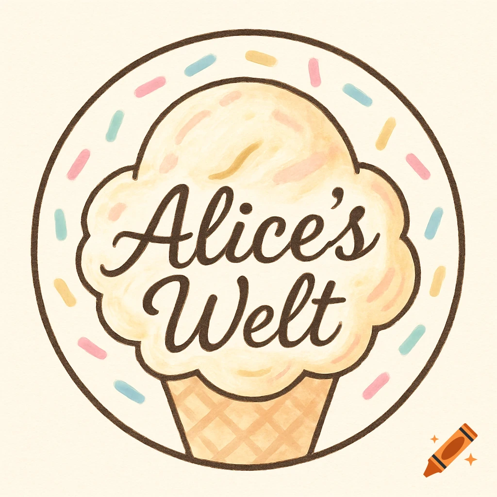 A circular logo with a pastel ice cream scoop in a cone, featuring the text 'Alice's Welt' and surrounded by colorful sprinkles.