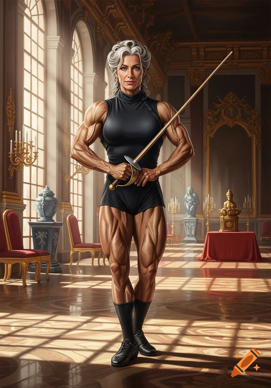 A muscular, gray-haired woman in a black sleeveless leotard holds a training sword in a grand palace hall.