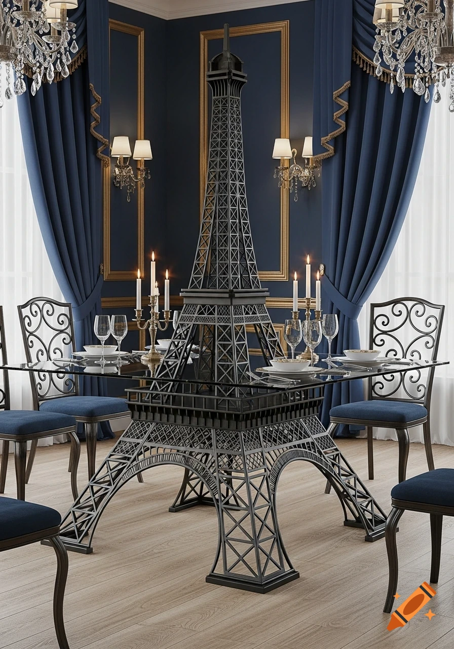 Elegant dining room with an Eiffel Tower-styled black iron and glass dining table, blue chairs, and chandeliers.