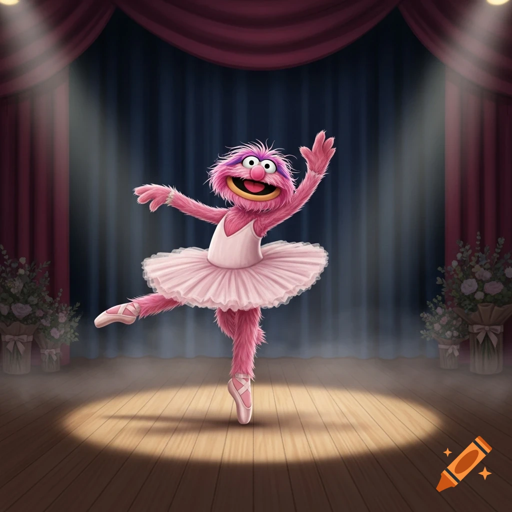 Animal from The Muppets wearing a pink ballet tutu, dancing en pointe on a spotlighted stage.