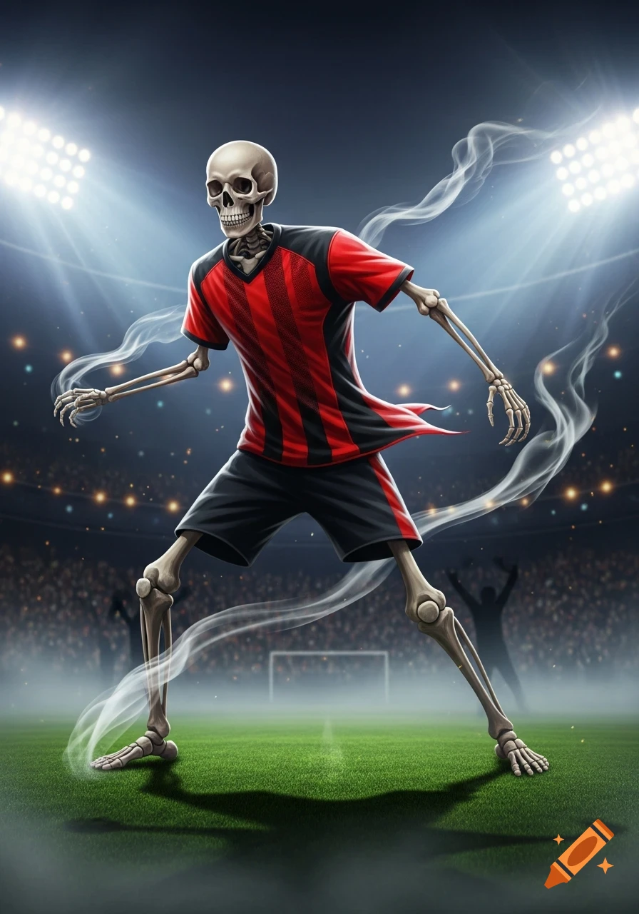A cartoonish skeleton in a red and black soccer jersey stands on a green field in a stadium at night, with smoke around it.