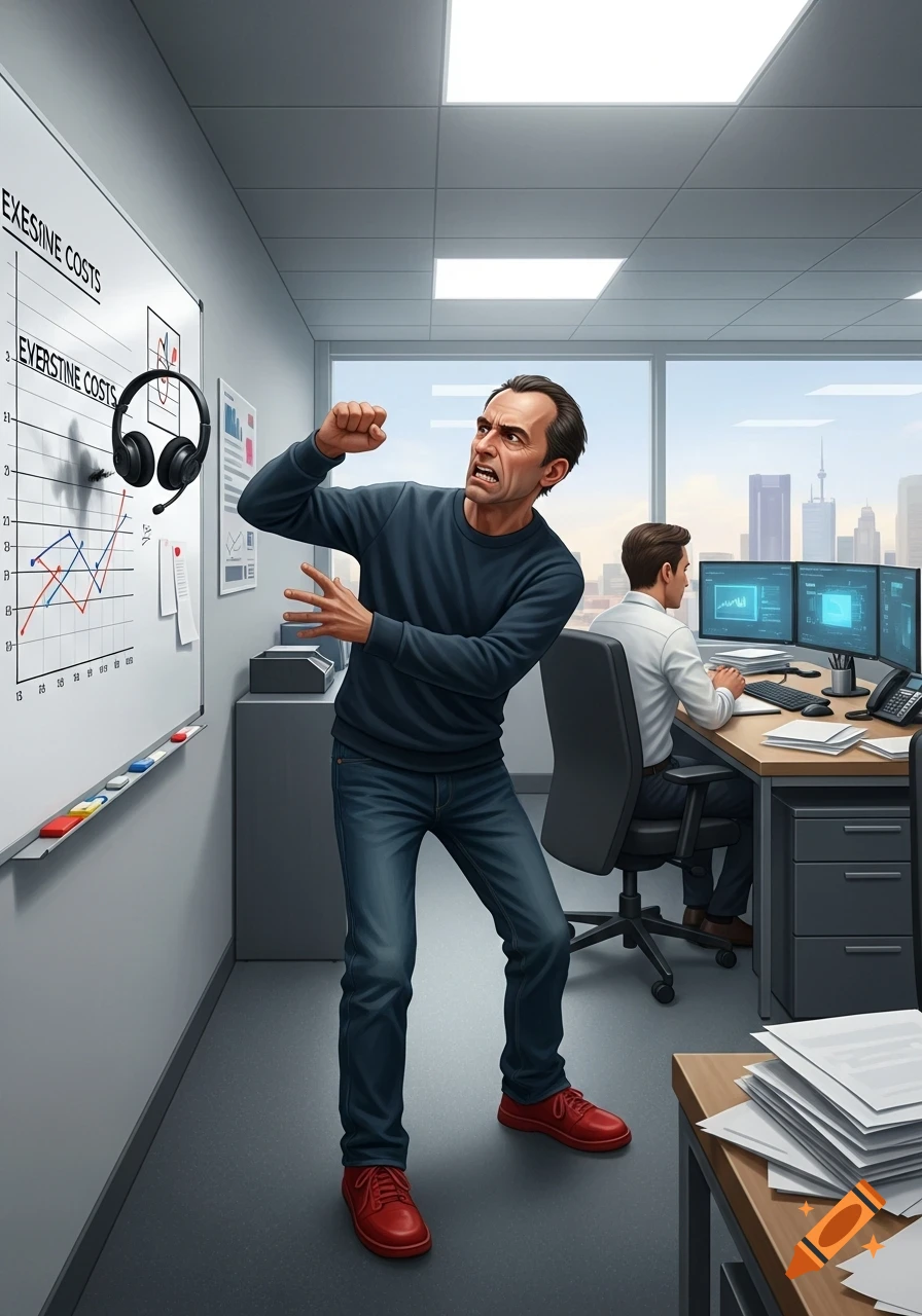 An angry businessman in a blue sweater and red shoes yells, throwing a headset at a whiteboard with graphs, in a modern office.