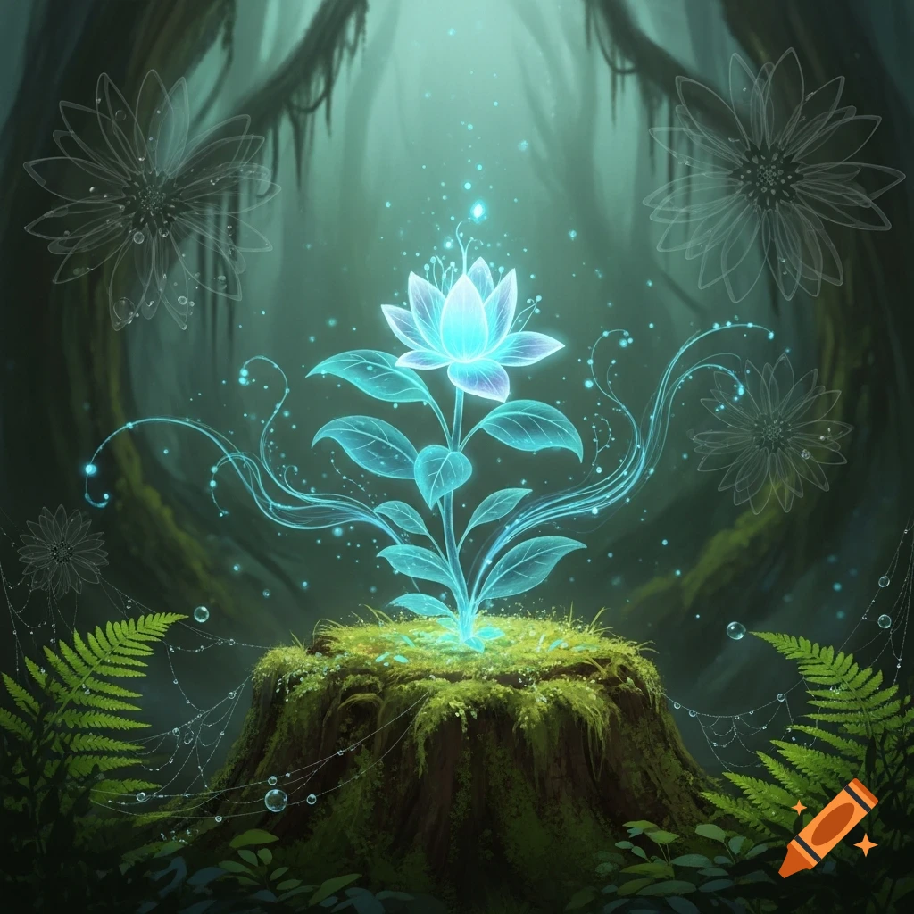 A luminous, glowing blue magical plant sprouts from a mossy tree stump in a mystical forest, with faint ethereal flowers in the background.