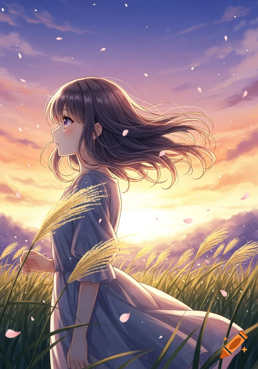 Anime girl with dark hair looking left, standing in a field of tall grass with pink petals falling, at sunset.