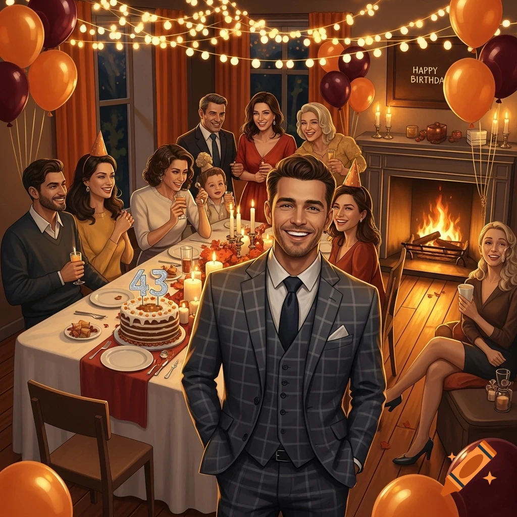 A festive illustration of a man in a suit smiling at his 43rd birthday party, surrounded by family and friends in a room decorated with balloons and string lights.