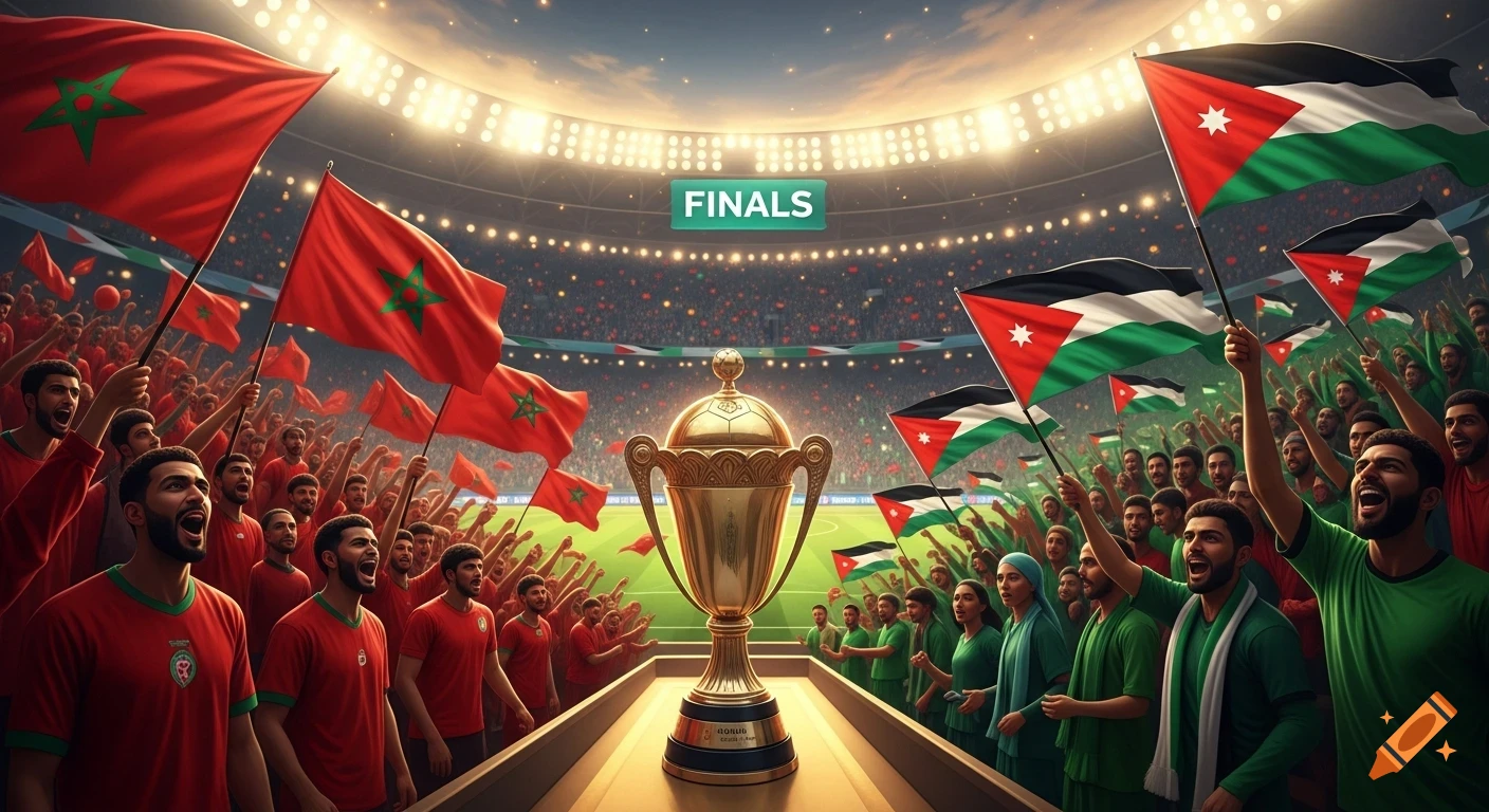 A grand sports stadium filled with cheering fans waving Moroccan and Jordanian flags, centered around a golden trophy during a final match.