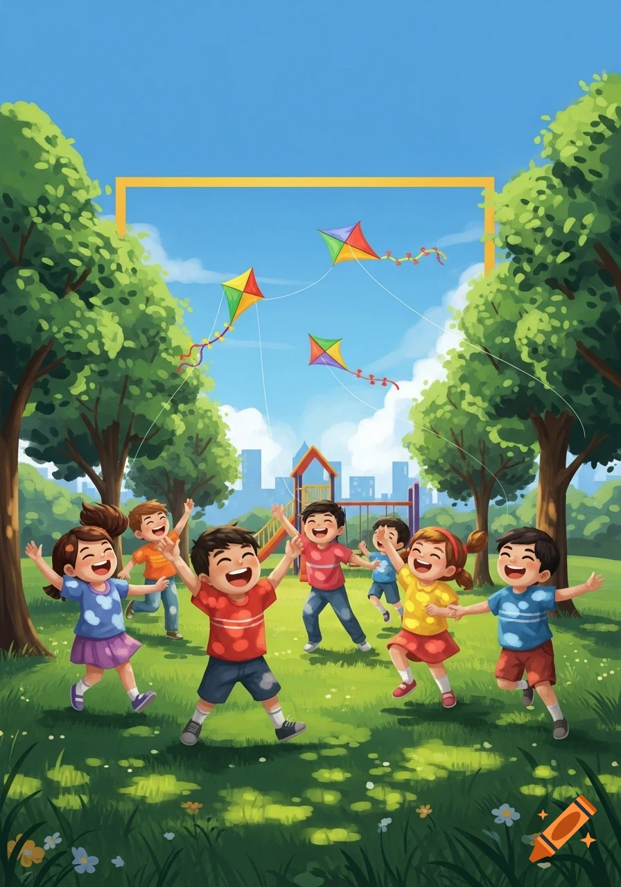 Vibrant illustration of happy children playing in a sunny park with a playground, flying colorful kites.