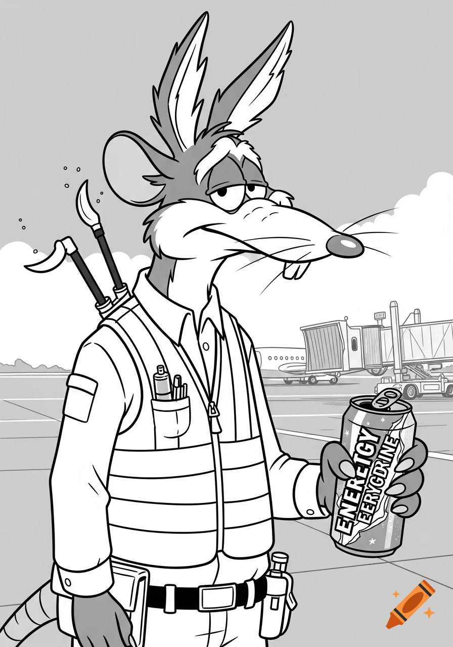 Black and white cartoon of a tired-looking rat, an airport ramp worker, holding an energy drink can.