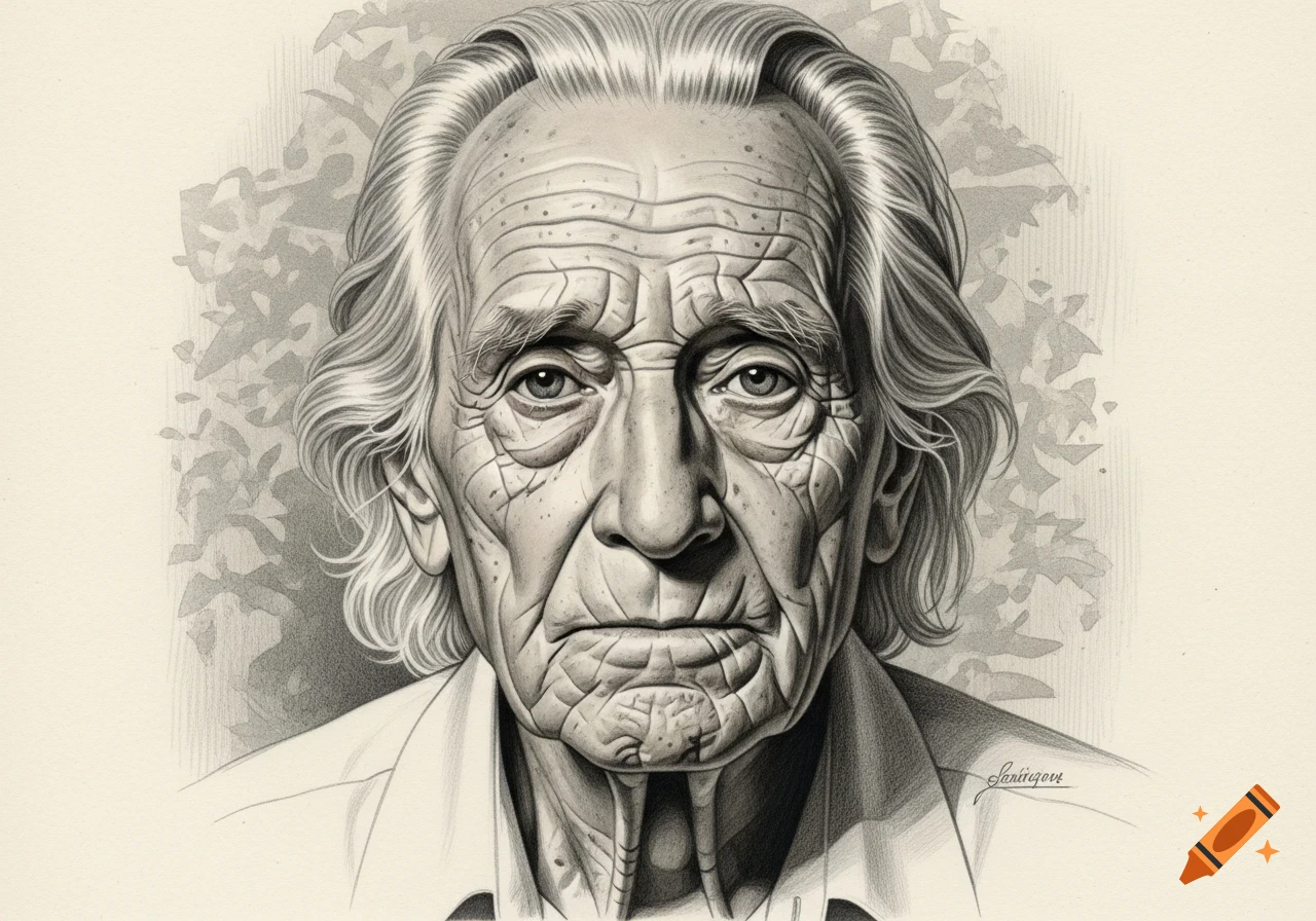 Black and white pencil drawing of an elderly person with many facial wrinkles and long, flowing hair against a leafy background.