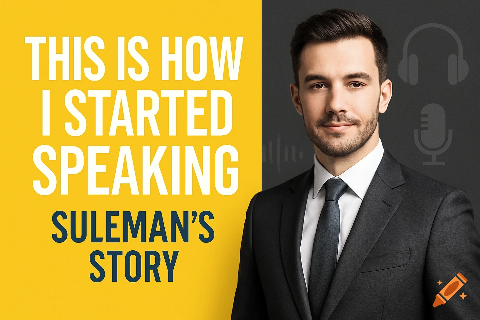 A confident man in a suit smiles on a podcast thumbnail with the text 'This is How I Started Speaking Suleman's Story'.
