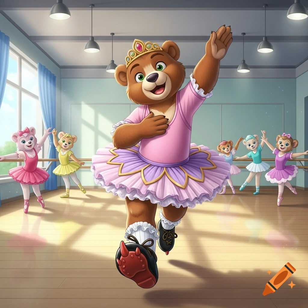 A smiling cartoon brown bear in a pink leotard, purple tutu, tiara, and black shoes dances in a ballet studio with other bear ballerinas.