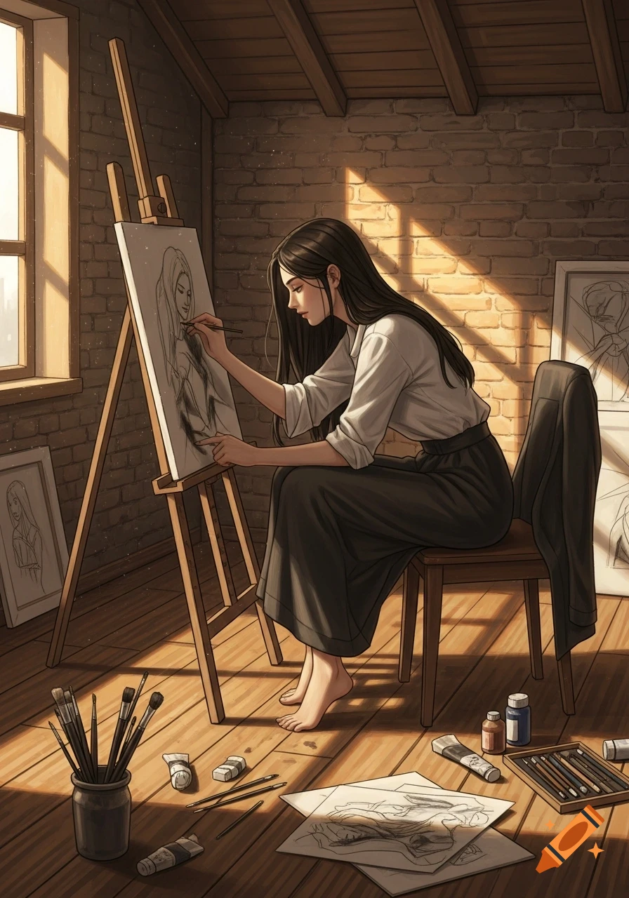 A woman with long dark hair sketches a portrait on an easel in a sunlit art studio, with art supplies on the floor.