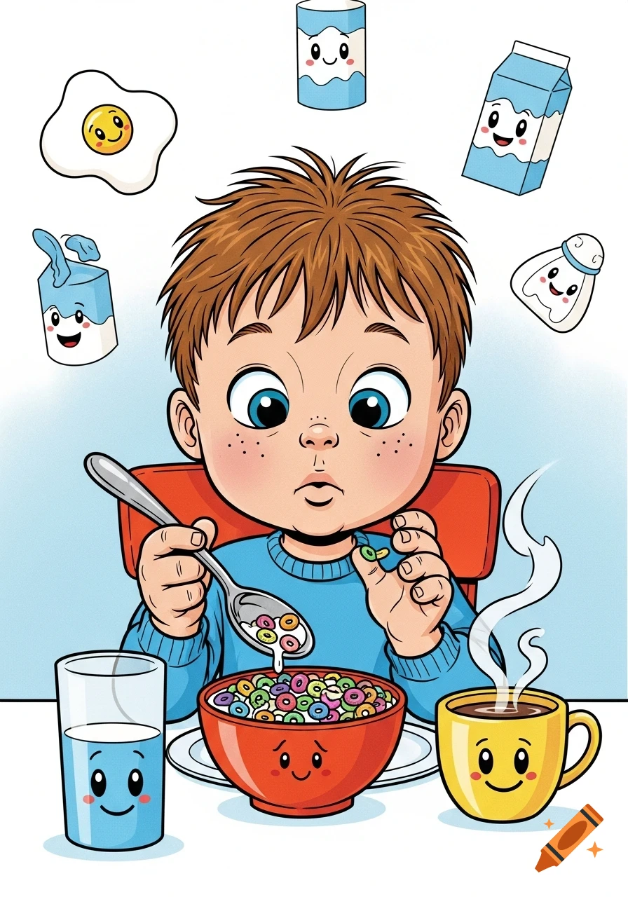 Comic book style drawing of a child eating colorful cereal for breakfast, surrounded by anthropomorphic food and drink items.