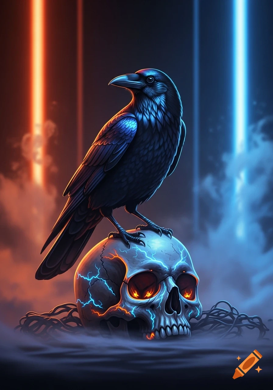 A black crow with blue glowing feathers perched on a vibrant, glowing skull, set against a dark, smoky background with neon orange and blue vertical lights.