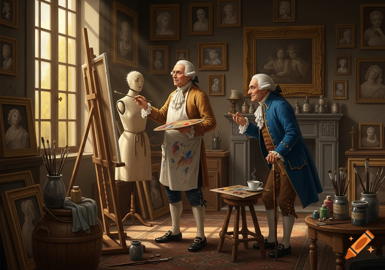 Two 18th-century men in an artist's studio; one paints a mannequin on an easel while the other points and comments amidst framed portraits.