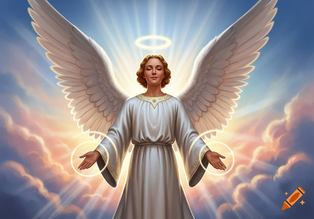 An angel with large white wings and a white robe stands with outstretched arms, a halo above its head, against a glowing sky with clouds and sun rays.