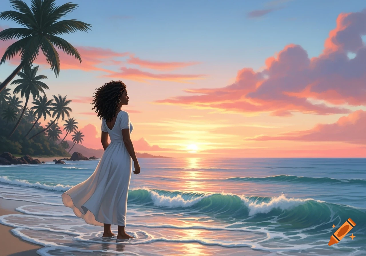 A woman in a white dress stands on a tropical beach at sunset, looking out at the ocean, with palm trees in the background.