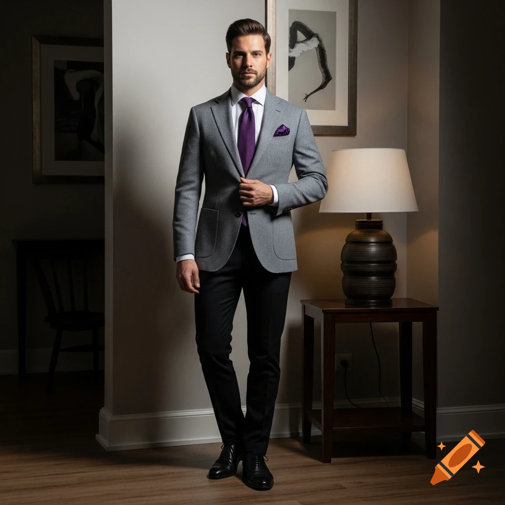 A man in a grey blazer, purple tie, and black trousers stands in a dimly lit room next to a table with a lamp, in a photorealistic style.