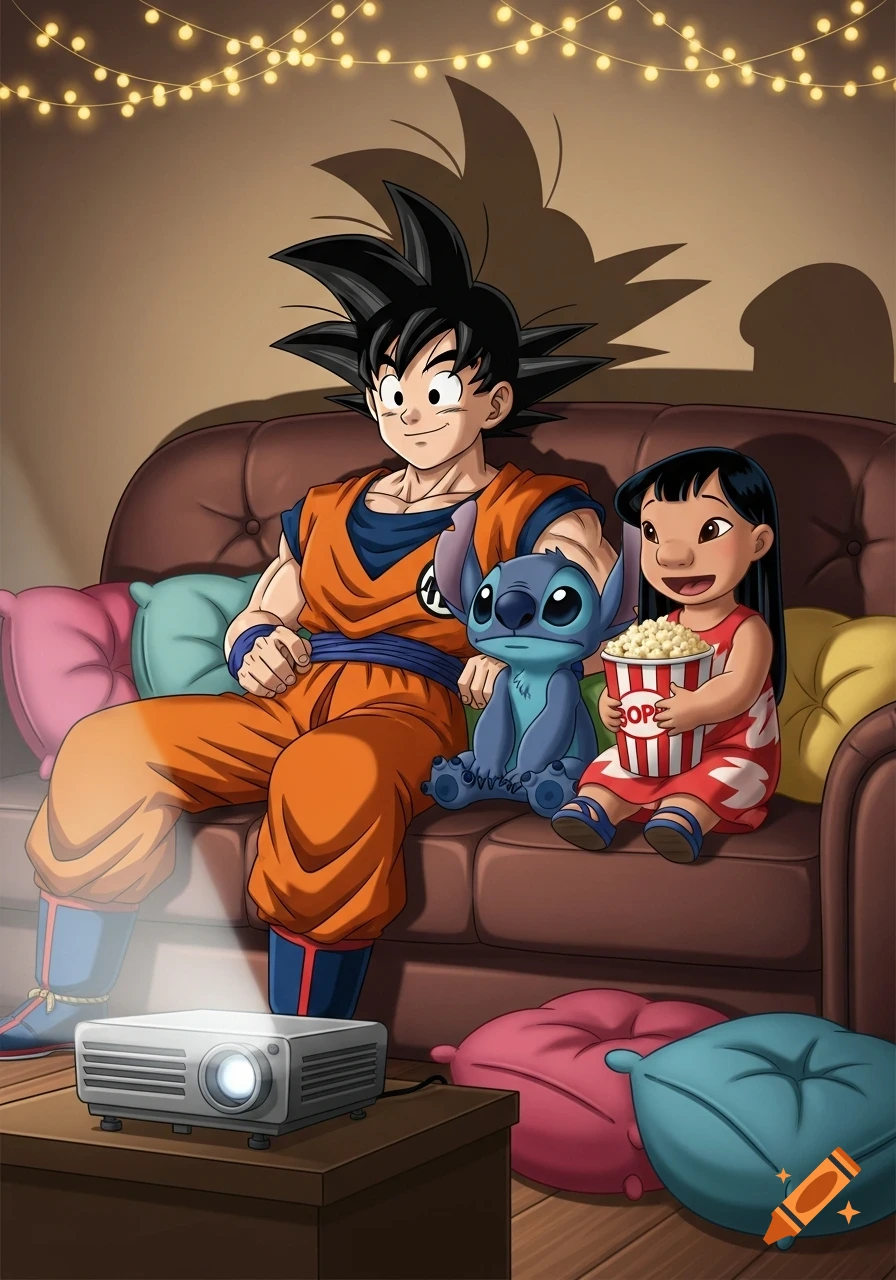 Goku, Lilo, and Stitch sit on a brown couch watching a movie projected from a projector, eating popcorn under string lights in a cartoon style.