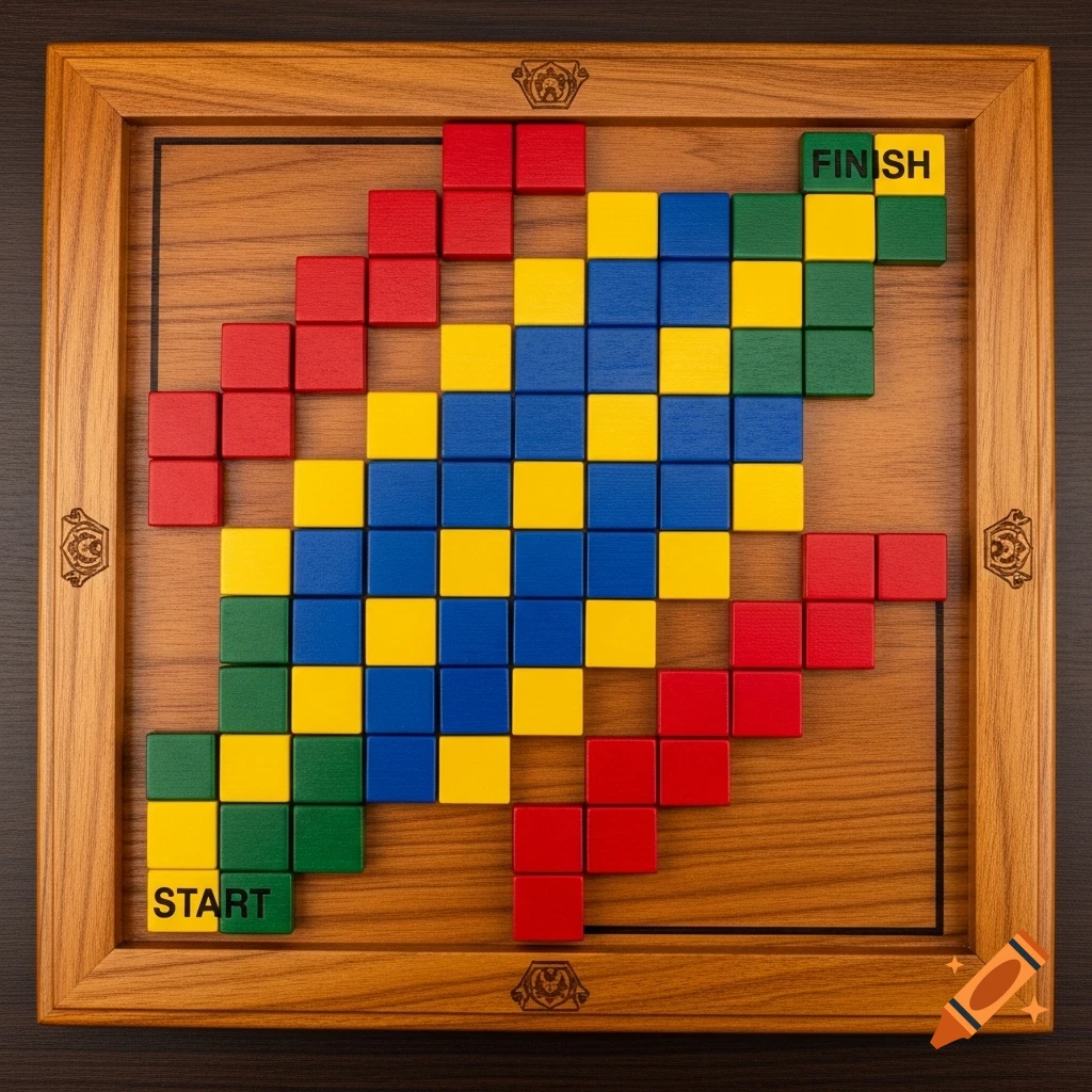 A top-down view of a square wooden game board with a path of red, blue, yellow, and green squares, labeled START and FINISH.