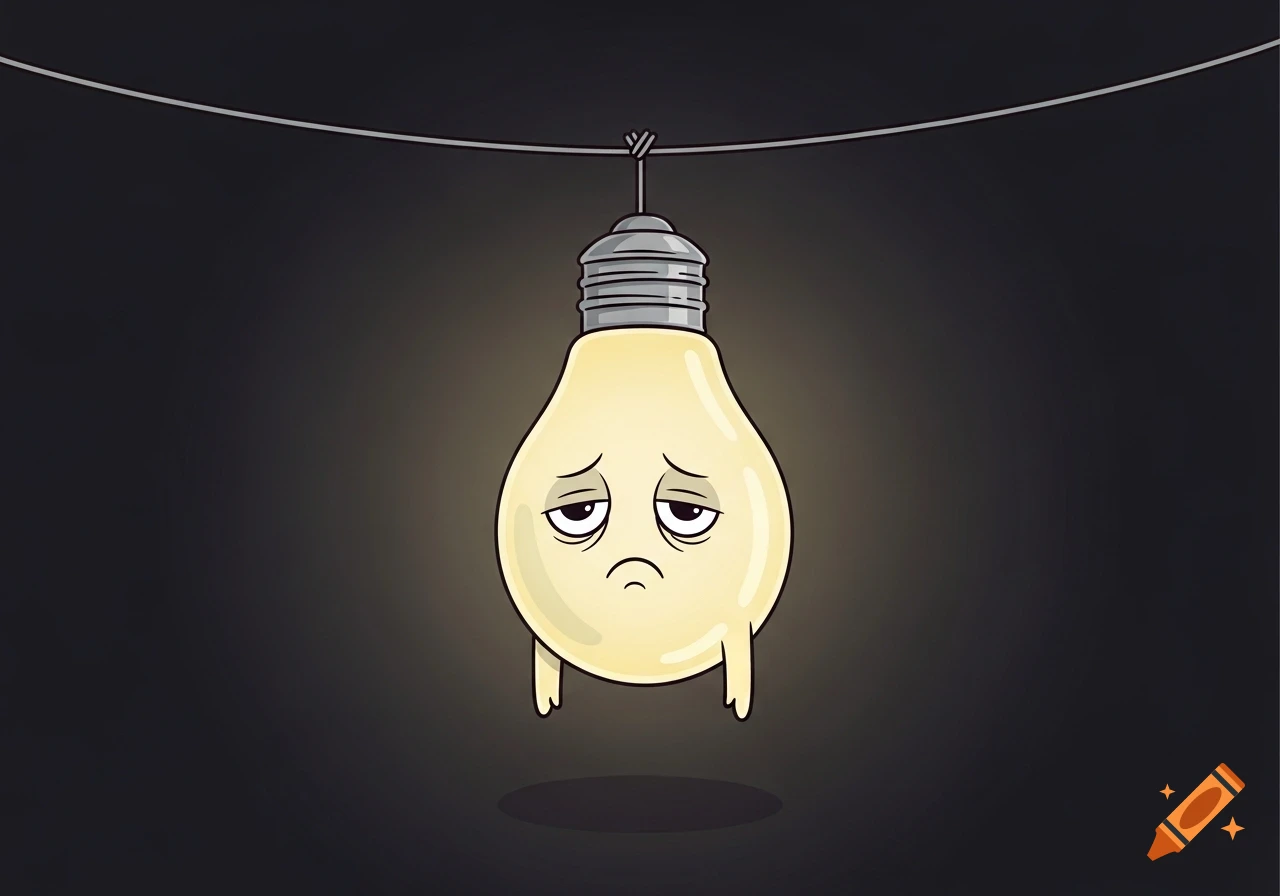 A cartoon light bulb hangs, looking sad and tired, on a dark background.