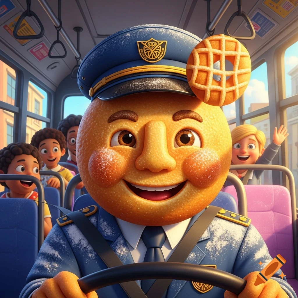 A cheerful, animated bus driver character, shaped like a fried dough ...
