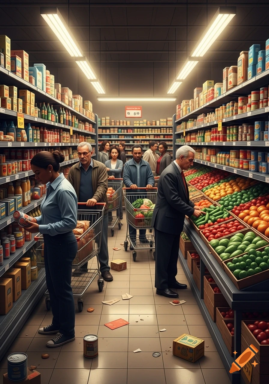 People shopping in a brightly lit supermarket aisle, looking at shelves filled with various groceries and produce.