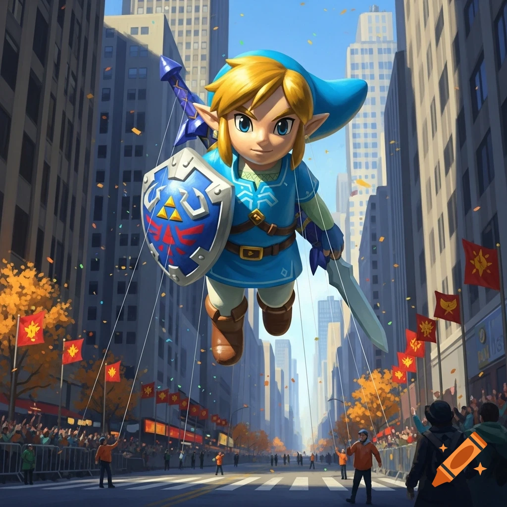 A giant Link balloon from Legend of Zelda floats high above a city street parade with crowds and confetti.