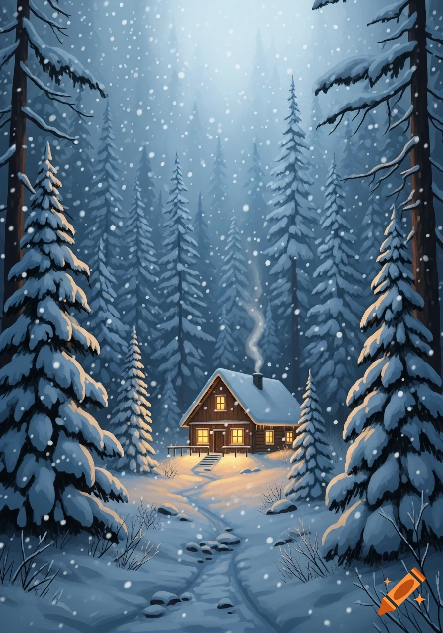 A cozy wooden cabin with glowing windows sits amidst a snow-covered pine forest under falling snow.