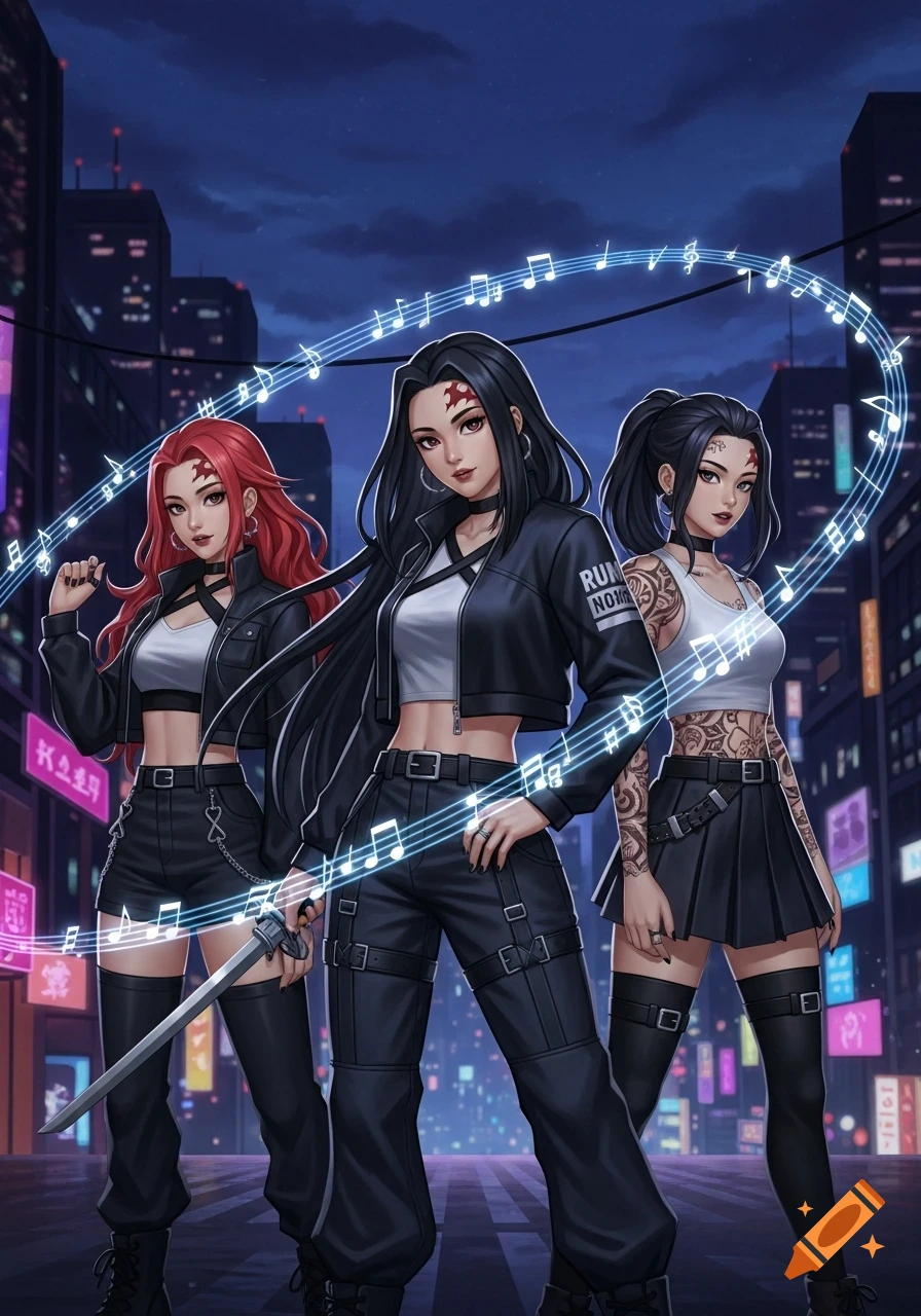 Three anime women in black and white urban outfits, with red and black hair, stand in a night city with floating musical notes.
