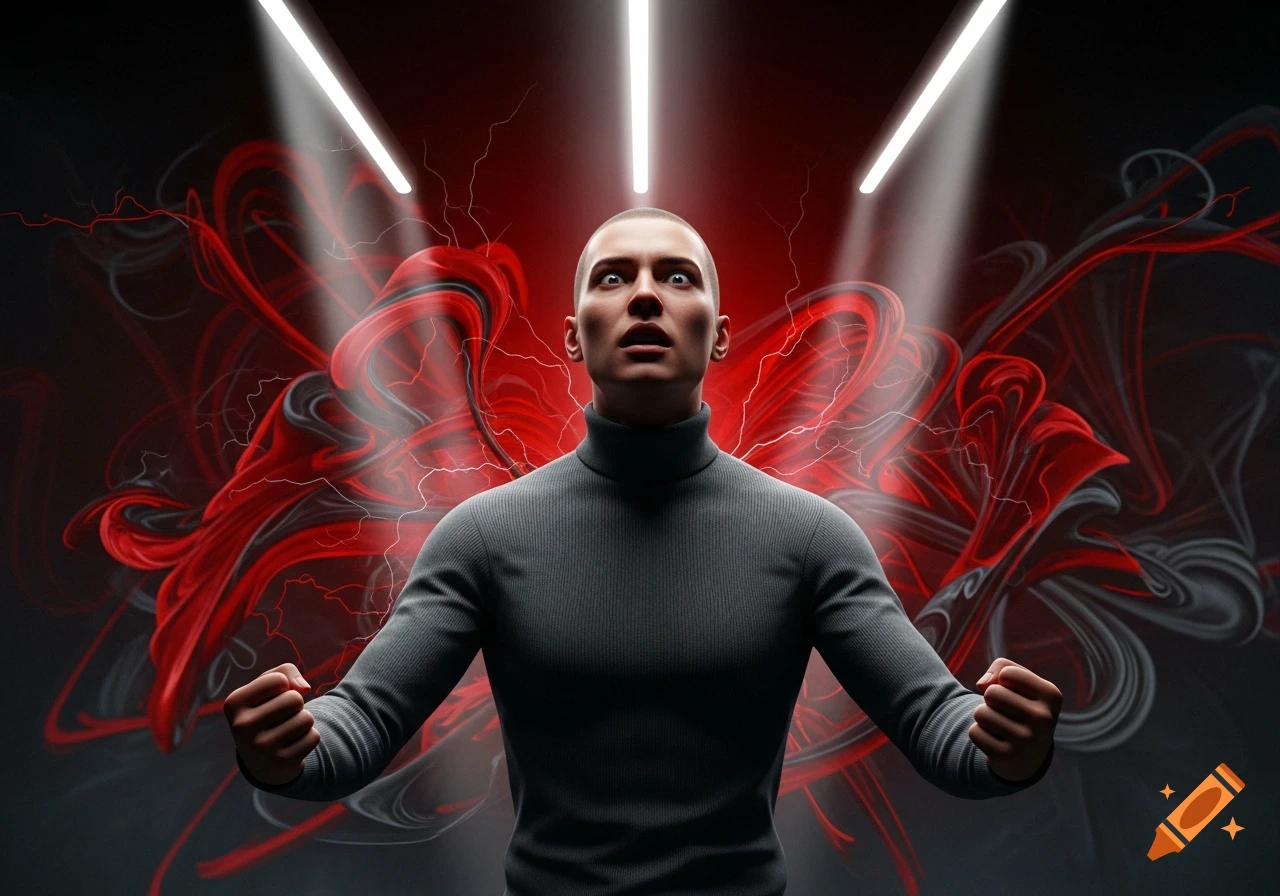 A man with a shaved head and grey turtleneck looks up with wide eyes and clenched fists, illuminated by bright lights, against a background of swirling red and black abstract energy with lightning.
