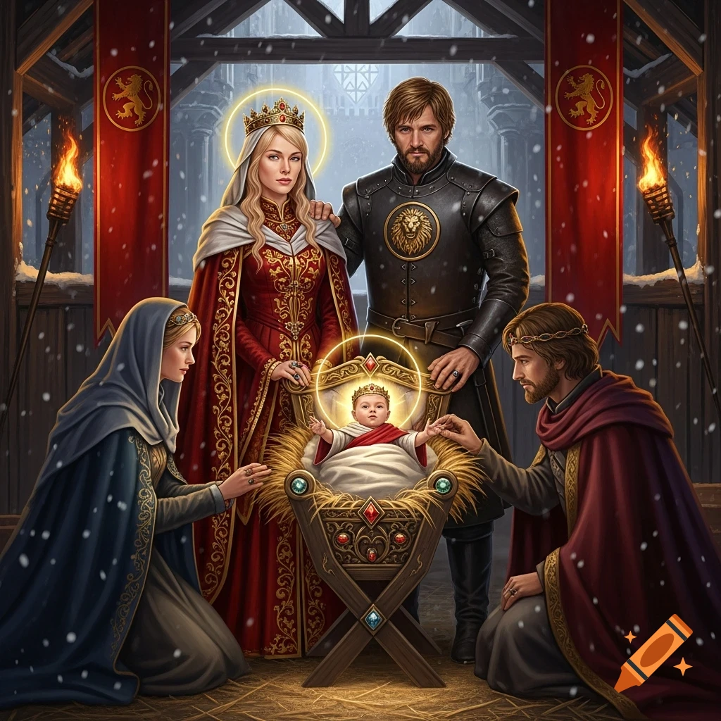 A fantasy nativity scene with Cersei, Jamie, and a baby Jesus in a stable, with snow falling and torches lit.