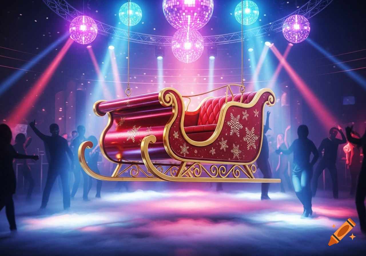 A red and gold Santa's sleigh, decorated with snowflakes, hangs suspended in a vibrant discotheque with dancing silhouettes, disco balls, and colorful light beams.