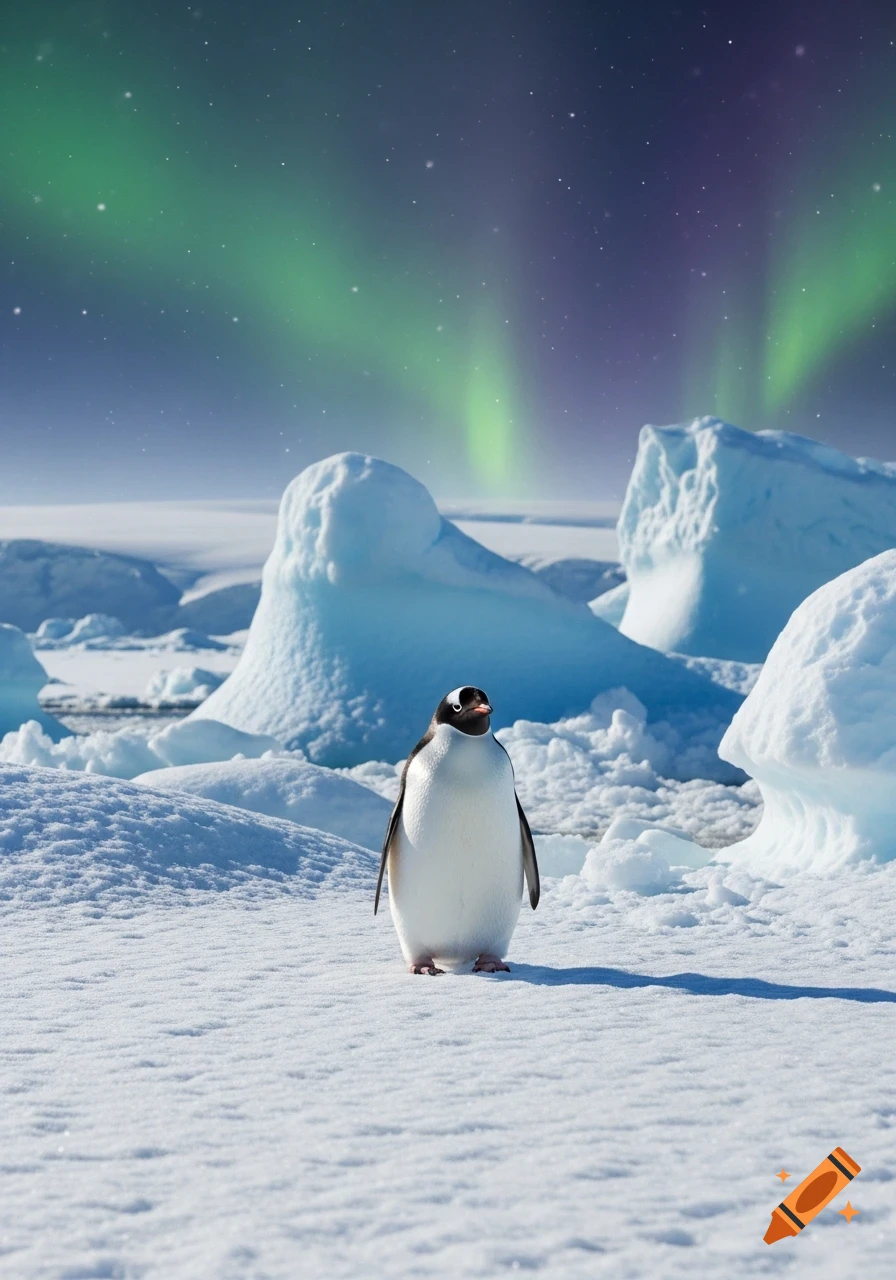 A photorealistic gentoo penguin stands on a vast snow-covered ice floe under green aurora borealis and starry night sky.