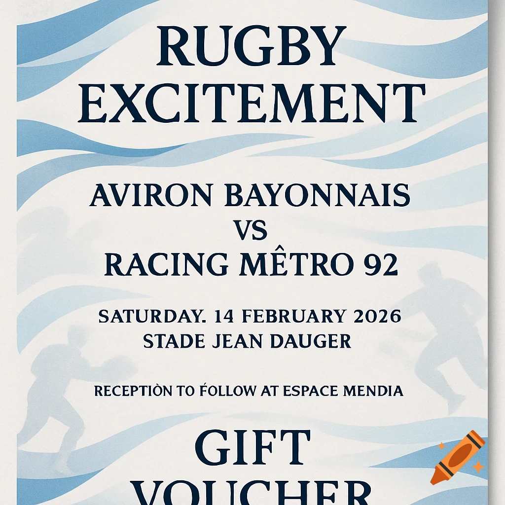 A white and blue rugby gift voucher for Aviron Bayonnais vs Racing Metro 92 on Feb 14, 2026, featuring player silhouettes.
