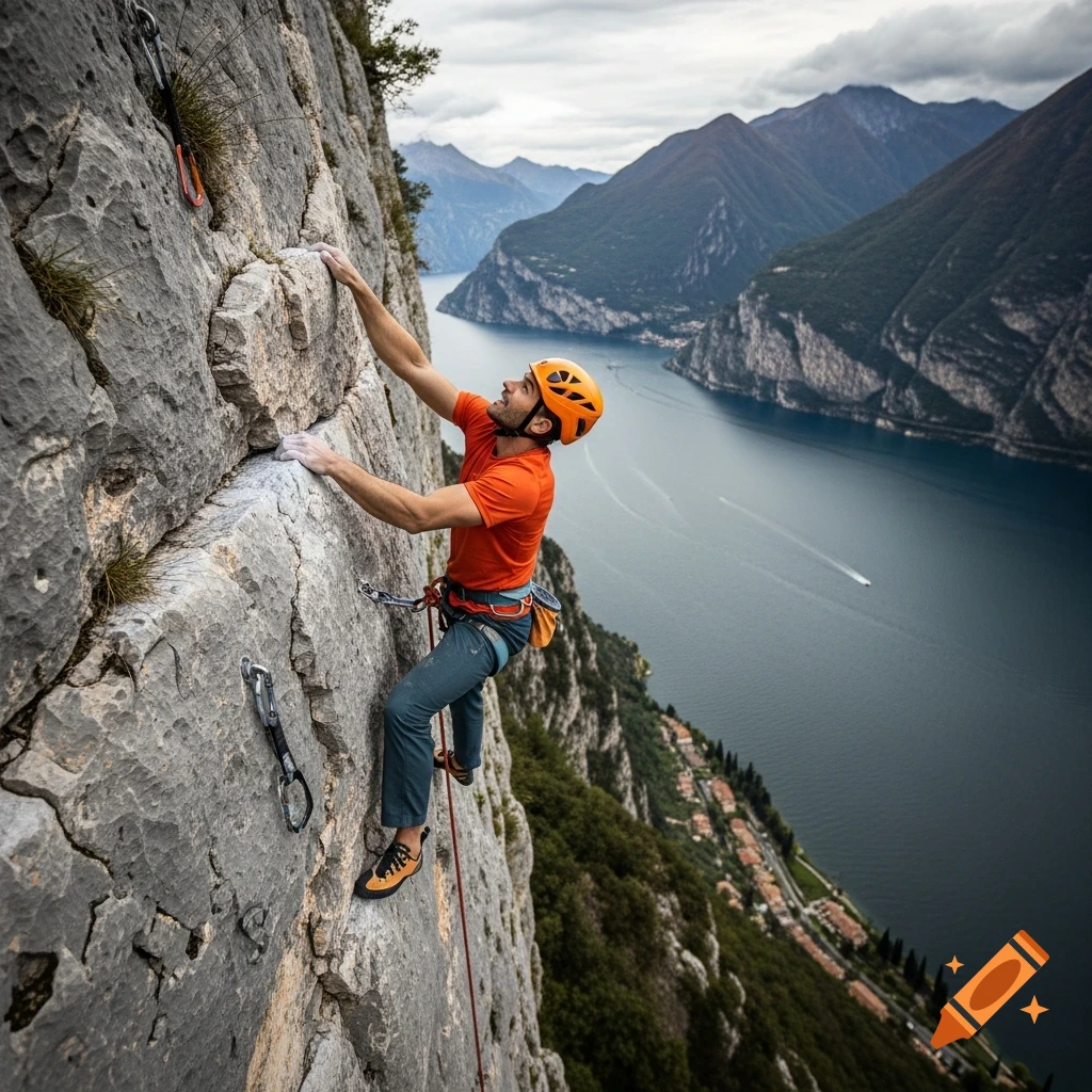 A man in an orange shirt and helmet rock climbing on a cliff face overlooking a vast lake and mountains under a cloudy sky.