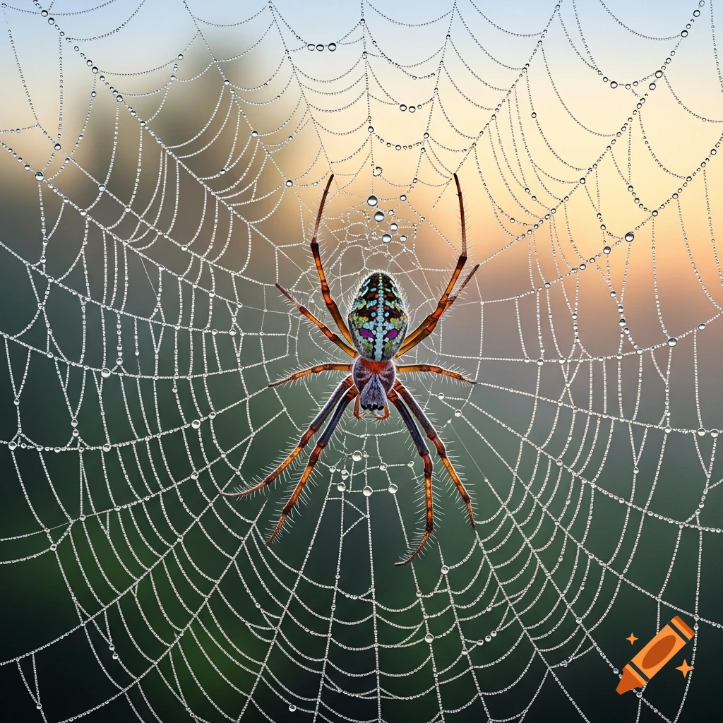 A colorful spider with a patterned back on a dew-covered web, with a blurred natural background during sunrise.