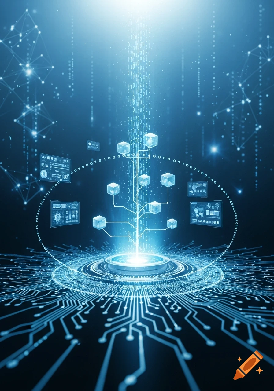 A glowing central orb on a blue circuit board emits a stream of binary code upwards, connecting to hovering transparent cubes and data screens in a digital, futuristic style.