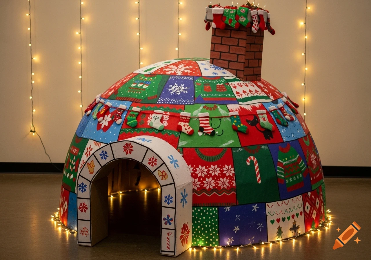 A festive cardboard igloo decorated with colorful "ugly sweater" patterns, miniature Christmas stockings, a brick chimney, and string lights.